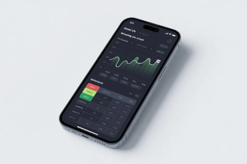 A modern smartphone displaying a sports schedule interface with clean graphs and tables, minimal background, tech concept